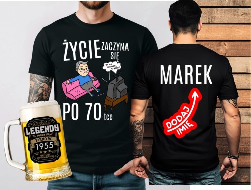 Koszulka na 70 urodziny - ZESTAW KOSZULKA ŻYCIE ZACZYNA SIĘ PO 70 Z IMIENIEM ORAZ KUFEL NA 70 URODZINY
