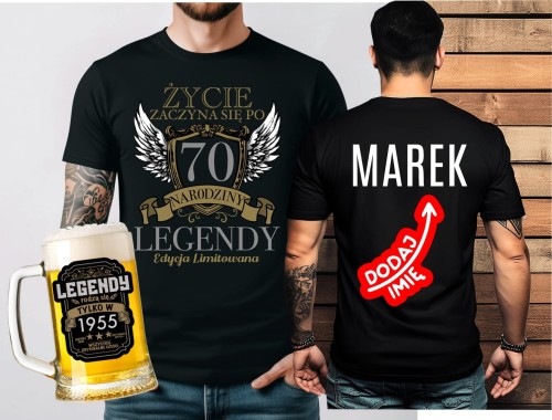 Koszulka na 70 urodziny - ZESTAW KOSZULKA Koszulka na 70 urodziny - ŻYCIE ZACZYNA SIĘ PO 70 NARODZINY LEGENDY Z IMIENIEM ORAZ KUFEL NA 70 URODZINY