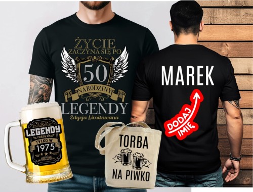 Koszulka na 50 urodziny - ZESTAW KOSZULKA Koszulka na 50 urodziny - ŻYCIE ZACZYNA SIĘ PO 50 Z IMIENIEM ORAZ KUFEL NA 50 ORAZ TORBA