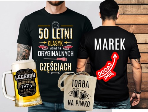 Koszulka na 50 urodziny - ZESTAW KOSZULKA Koszulka na 50 urodziny Z IMIENIEM ORAZ KUFEL NA 50 ORAZ TORBA
