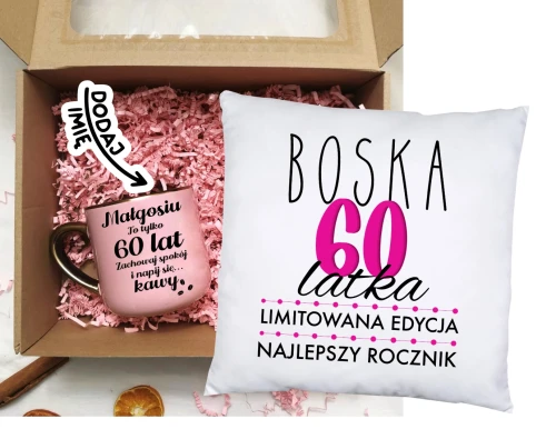 Prezent na 60 urodziny - zestaw kubek na 60 urodziny oraz poduszka z nadrukiem.webp
