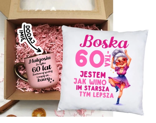 Prezent na 60 urodziny - zestaw kubek na 60 urodziny oraz poduszka z nadrukiem.webp