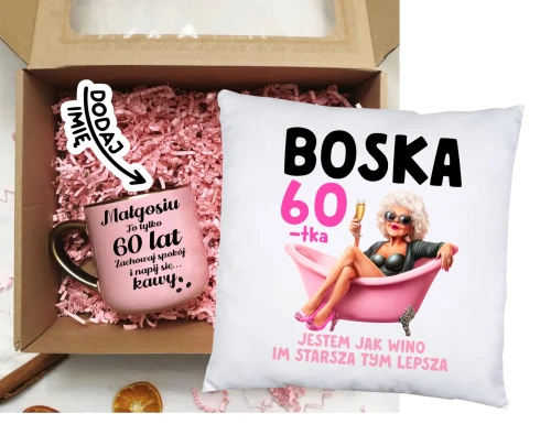 Prezent na 60 urodziny - zestaw kubek na 60 urodziny oraz poduszka z nadrukiem.webp