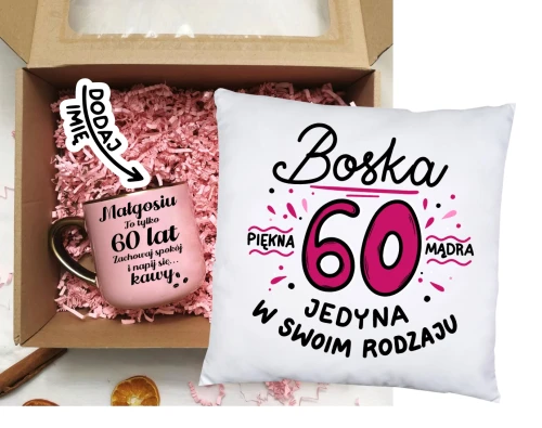 Prezent na 60 urodziny - zestaw kubek na 60 urodziny oraz poduszka z nadrukiem.webp