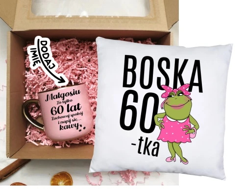 Prezent na 60 urodziny - zestaw kubek na 60 urodziny oraz poduszka z nadrukiem.webp