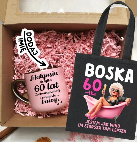 Prezent na 60 urodziny - zestaw kubek na 60 urodziny oraz torba bawełniana na zakupy.webp