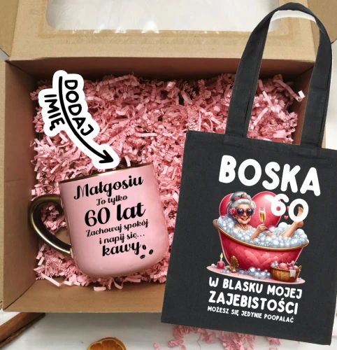 Prezent na 60 urodziny - zestaw kubek na 60 urodziny oraz torba bawełniana na zakupy.webp