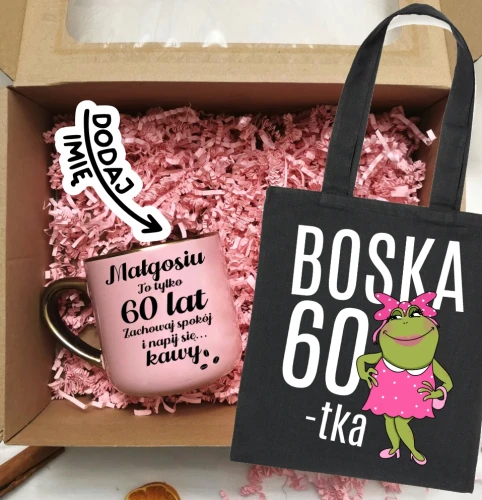 Prezent na 60 urodziny - zestaw kubek na 60 urodziny oraz torba bawełniana na zakupy.webp