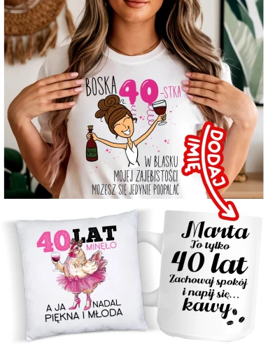 Personalizowany Zestaw prezentowy na 40 urodziny Z BRUNETKĄ - poduszka na 40 oraz koszulka na 40 urodziny i kubek z imieniem