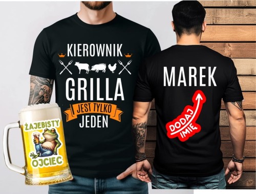 Prezent dla Taty na Dzień Ojca - koszulka KIEROWNIK GRILLA jest tylko jeden oraz kufel ŻAJEBISTY OJCIEC