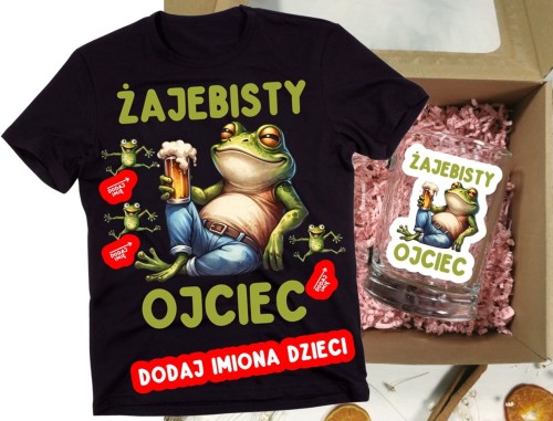 Koszulka dla Taty na prezent - ŻAJEBSTY OJCIEC Z IMIONAMI DZIECI - ZESTAW Z KUFLEM ŻAJEBISTY OJCIEC