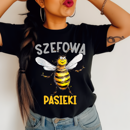 Czarna koszulka dla pszczelarza z nadrukiem szefowa pasieki oraz pszczołą