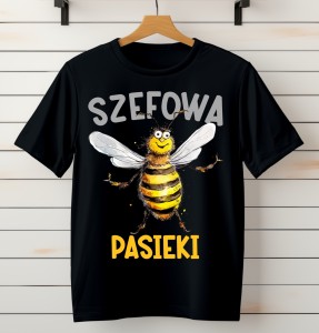 Czarna damska koszulka dla pszczelarza z nadrukiem szefowa pasieki oraz pszczołą