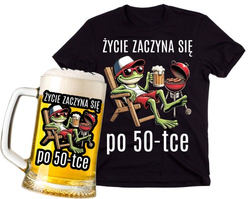 Koszulka na 50 urodziny - ŻYCIE ZACZYNA SIĘ PO 50 - ZESTAW Z KUFLEM
