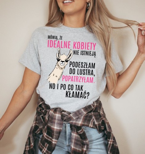 Jasno szara koszulka z nadrukiem lamy oraz śmiesznym napisem.jpg