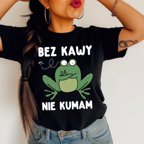 Czarna damska koszulka dla kawoszki - BEZ KAWY NIE KUMAM