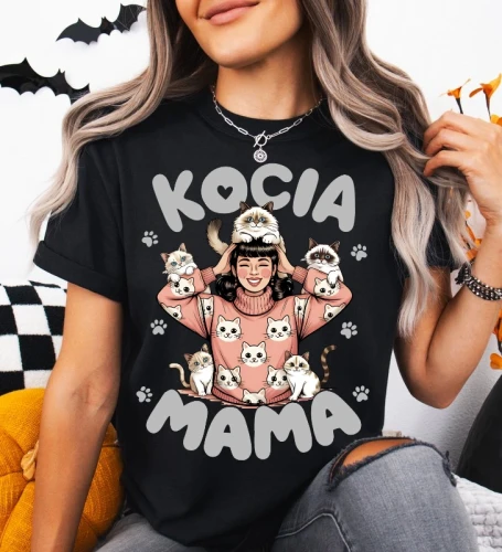 CZARNA koszulka z nadrukiem KOCIA MAMA