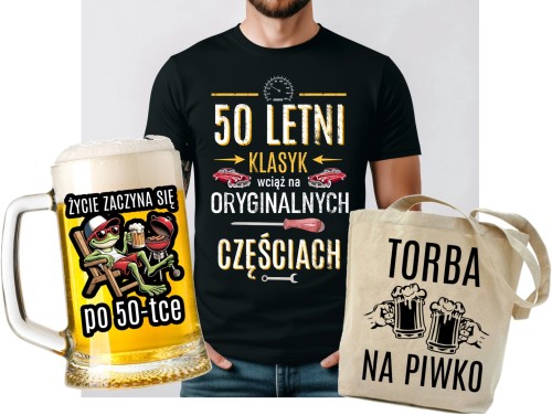 Zestaw na prezent na 50 urodziny - KOSZULKA NA 50, KUFEL ORAZ TORBA