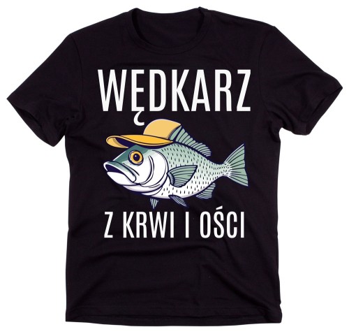 Koszulka dla Wędkarza na prezent z nadrukiem rybą oraz napisem Wędkarz z krwi i ości