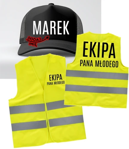 KAMIZELKA ODBLASKOWA EKIPA PANA MŁODEGO - ZESTAW Z CZAPKĄ Z DASZKIEM ORAZ IMIENIEM.webp