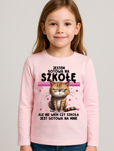 Różowa koszulka dla dziecka na ropoczęcie szkoły - JESTEM GOTOWA NA SZKOŁĘ.png