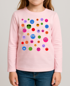 Różowa koszulka z długim rękawkiem na Dzień Kropki dla dziewczynki wzór kolorowe kropki z uśmieszkami 