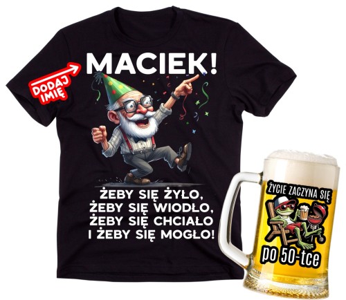 Prezent na 50 urodziny - personalizowany zestaw koszulka z życzeniami na 50 oraz kufel życie zaczyna się po 50.jpg