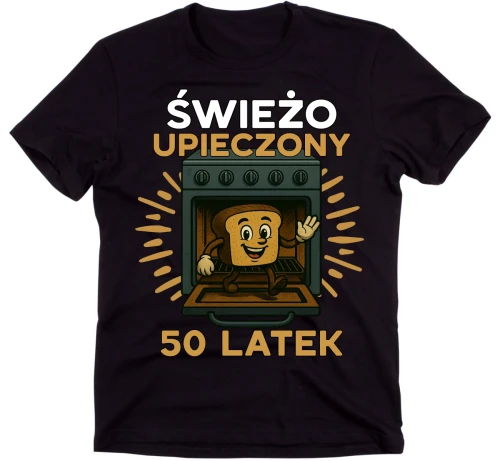 KOSZULKA CZARNA DLA 50 ŚWIEŻO UPIECZONY 50 LATEK.webp