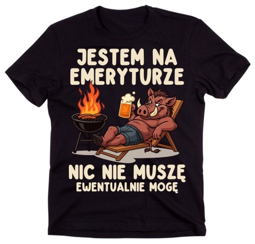 Męska koszulka dla emeryta z dzikiem i napisem - JESTEM EMERYTEM NIC NIE MUSZĘ EWENTUALNIE MOGĘ