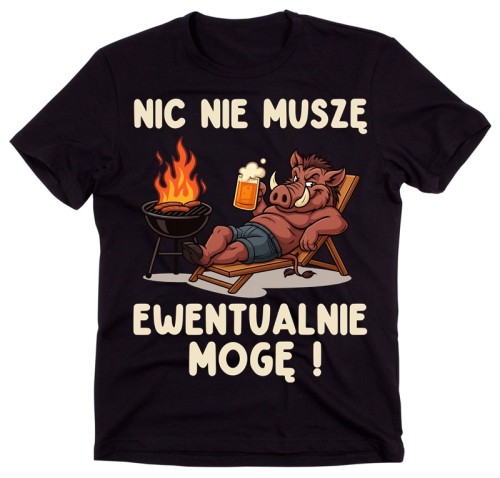 Fajna męska koszulka z rysunkiem dzika na grillu oraz napisem NIC NIE MUSZĘ EWENTUALNIE MOGĘ