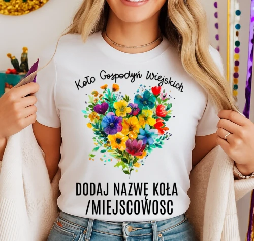 Koszulka dla koło gospodyń wiejskich z sercem w kwiaty - z nazwą koło gospodyń wiejskich - wzór serduszko81