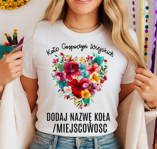 Koszulka dla koło gospodyń wiejskich z sercem w kwiaty - z nazwą koło gospodyń wiejskich - wzór serduszko66