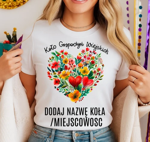 Koszulka dla koło gospodyń wiejskich z sercem w kwiaty - z nazwą koło gospodyń wiejskich .webp