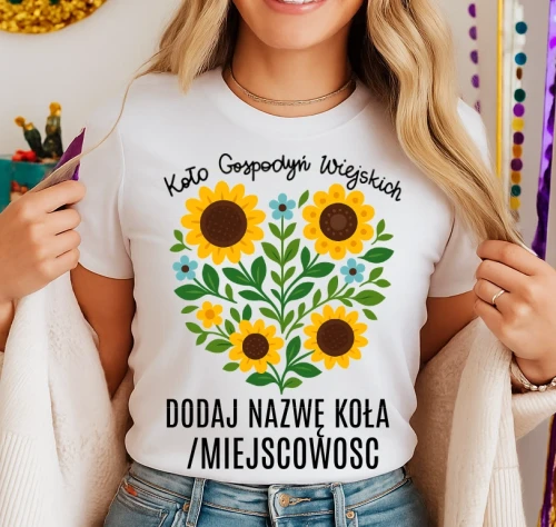 Koszulka dla koło gospodyń wiejskich z sercem w kwiaty - z nazwą koło gospodyń wiejskich .webp