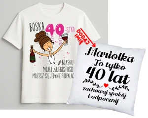 Personalizowany zestaw prezentowy na 40 urodziny dla kobiety - KOSZULKA ORAZ poduszka z imieniem na 40 urodziny z BRUNETKĄ w blasku mojej 