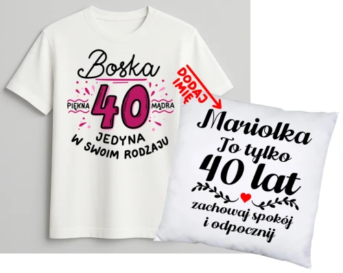 Personalizowany zestaw prezentowy na 40 urodziny dla kobiety - KOSZULKA ORAZ poduszka z imieniem na 40 urodziny.webp
