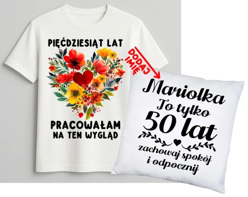 Personalizowany zestaw prezentowy na 50 urodziny dla kobiety - KOSZULKA ORAZ poduszka z imieniem na 50 urodziny.webp