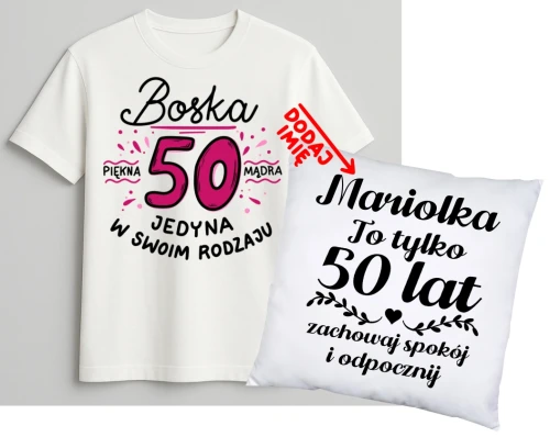 Personalizowany zestaw prezentowy na 50 urodziny dla kobiety - KOSZULKA ORAZ poduszka z imieniem na 50 urodziny.webp