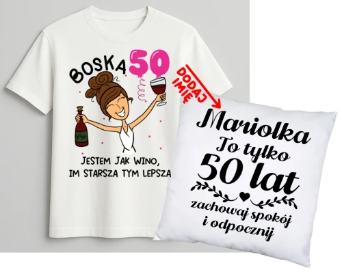 Personalizowany zestaw prezentowy na 50 urodziny dla kobiety - KOSZULKA ORAZ poduszka z imieniem na 50 urodziny.webp