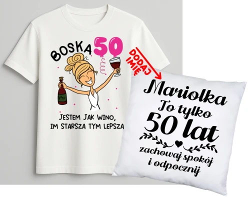 Personalizowany zestaw prezentowy na 50 urodziny dla kobiety - KOSZULKA ORAZ poduszka z imieniem na 50 urodziny.webp