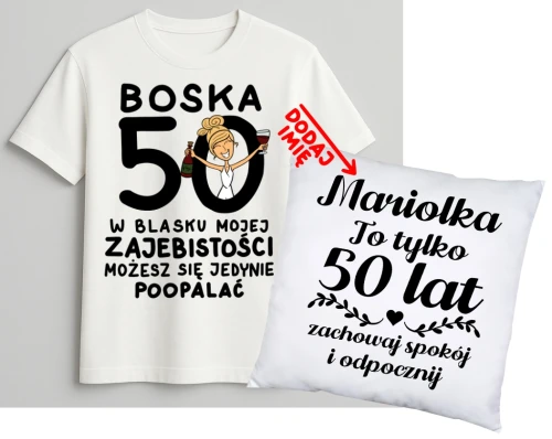 Personalizowany zestaw prezentowy na 50 urodziny dla kobiety - KOSZULKA ORAZ poduszka z imieniem na 50 urodziny.webp