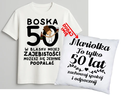 Personalizowany zestaw prezentowy na 50 urodziny dla kobiety - KOSZULKA ORAZ poduszka z imieniem na 50 urodziny.webp
