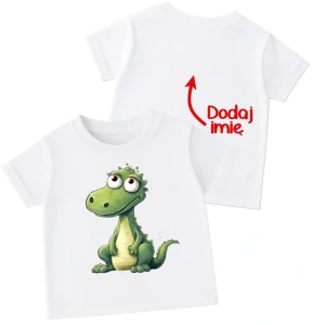 Koszulka dla dziecka z zielonym dinozaurem oraz imieniem na plecach.webp