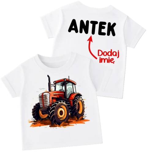 Koszulka dla dziecka z czerwonym traktorem oraz imieniem na plecach.webp