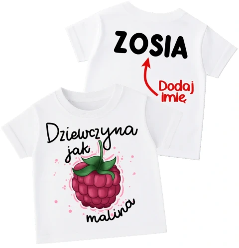 Koszulka dla dziewczynki z maliną oraz imieniem na plecach.webp