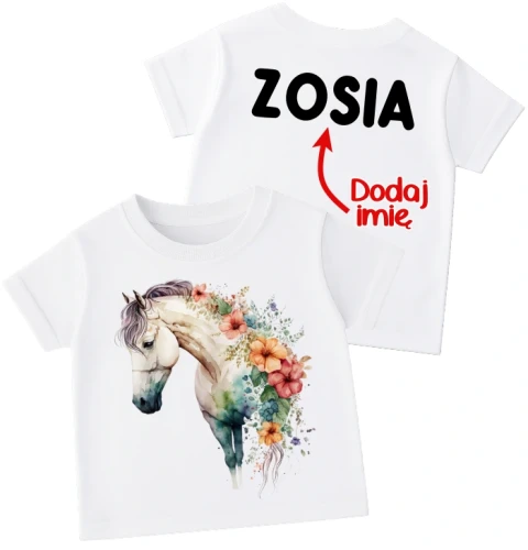 Koszulka dla dziewczynki z koniem oraz imieniem dziecka na plecach.webp