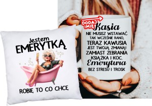 Personalizowany Zestaw na prezent dla emerytki  PODUSZKA ORAZ KUBEK DLA EMERYTKI z imieniem 