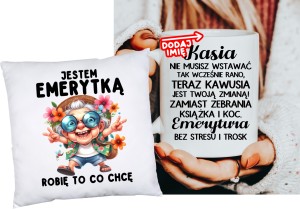 Zestaw na prezent dla emerytki  PODUSZKA ORAZ KUBEK DLA EMERYTKI z imieniem