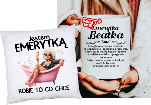 Personalizowany Zestaw na prezent dla emerytki  PODUSZKA ORAZ KUBEK DLA EMERYTKI z imieniem.JPG