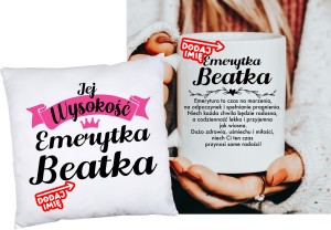 Personalizowany Zestaw na prezent dla emerytki  PODUSZKA JEJ WYSOKOŚĆ EMERYTKA Z IMIENIEM ORAZ KUBEK DLA EMERYTKI 